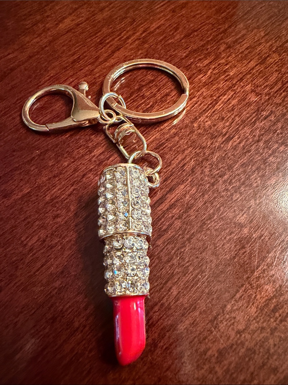 Gold Rhinestone Lipstick Keychain - Red - Picture 4 of 7